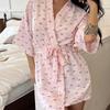 Women's Cloud Cotton Print Kimono Bathrobe - Bubble Gauze, Spring/Autumn Wear, European/American Style.