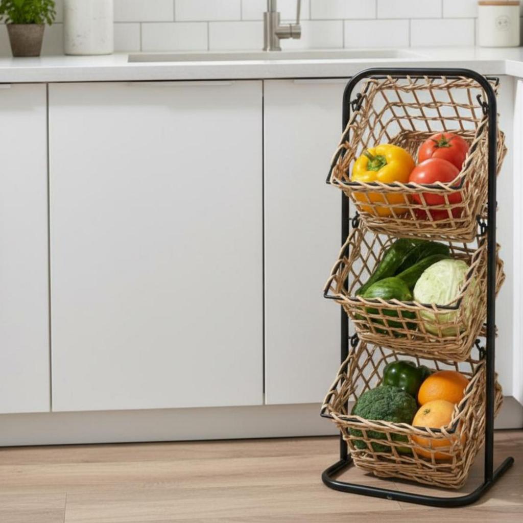 Contenitore in vimini Organizzatore a più livelli Cesti tessuti a mano Rastrelliera in ferro Robusto