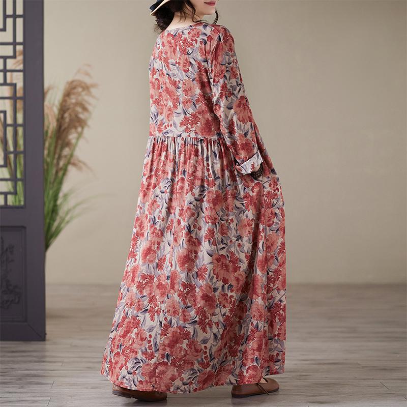 DIMANAF 2025 Damen Übergröße Frühling Sommer Langes Kleid Vintage Kleid Leinen Blumen Lockerer Stil Damen Maxikleid