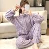 Women Comfortable Homewear Long Sleeved Zipper Suits Solid Color Pajamas Set Coral Fleece Women