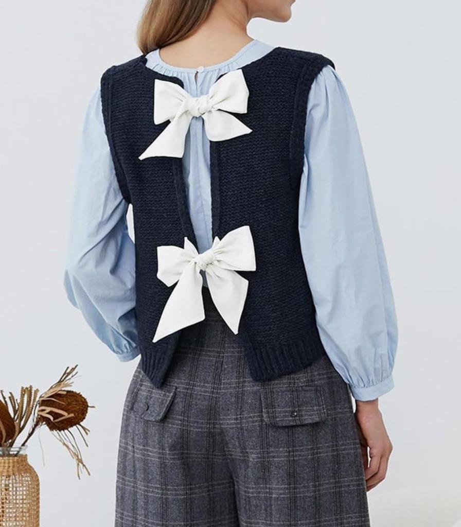 European & American Style Women's Bow Knit Vest Cardigan - Spring/Autumn Casual Fashion
