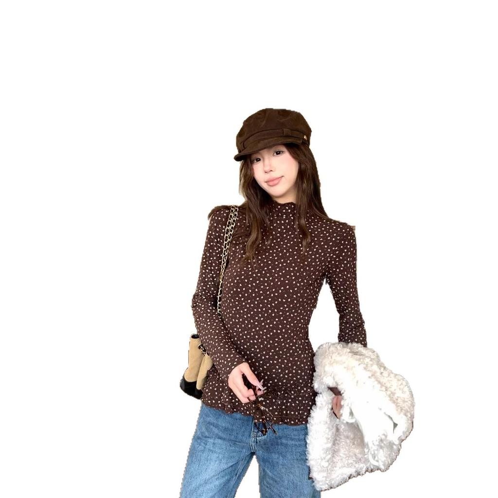 Women's American Style Ruffle Floral Turtleneck Long-Sleeve Slim-Fit Warm Top for Autumn/Winter Layering