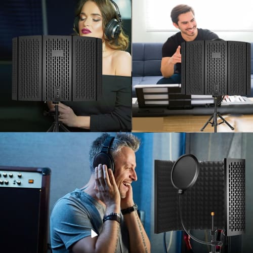 Microphone Isolation Shield with Five Panels, Portable Tripod Stand, Filter, Reflection Filter, High-Density Sound Absorbing Material, Desktop Compati