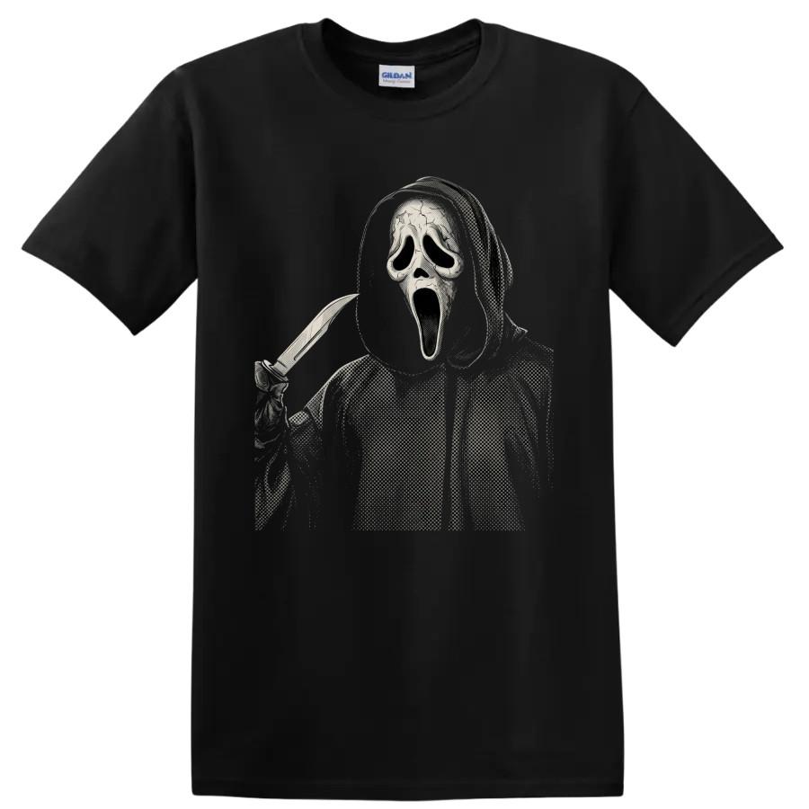 Horror Masked Slasher Knife Gothic Halftone Halloween T Shirt Spooky Movie Tee