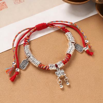 Tibetan Handmade Silver Entanglement Bracelet, Natal Woven Red Colored Rope, Broken Silver Bracelet, Retro Men's and Women's Hand Rope.