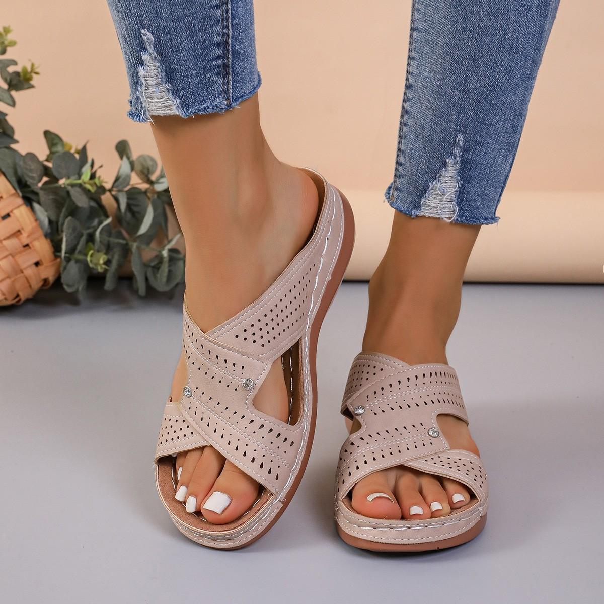 

Plus Size Women s Shoes 24 Summer New Cross Strap Solid Color Beach Slippers 43 бежевий