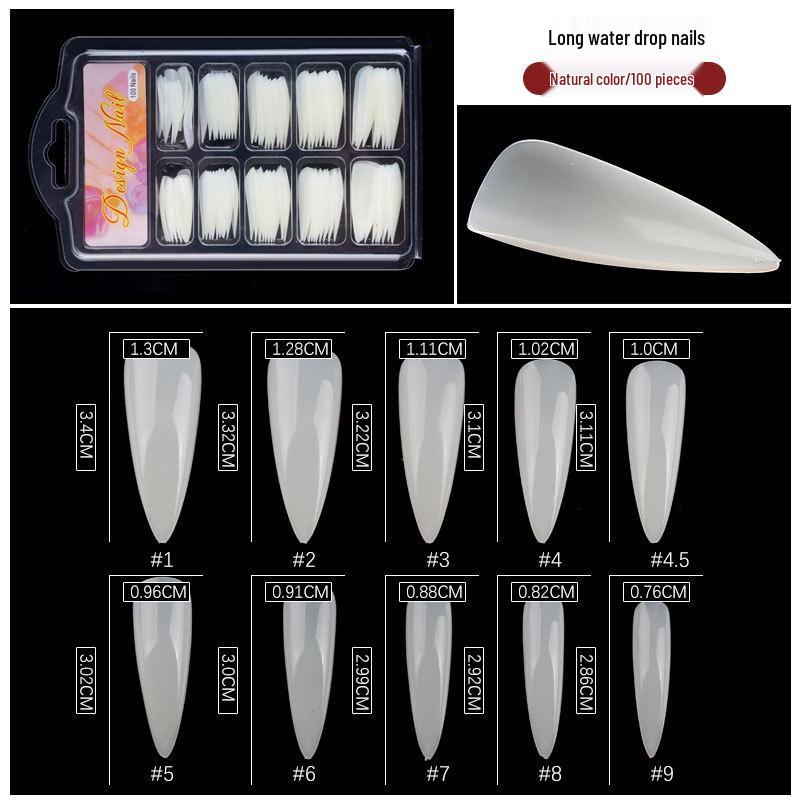 100-Piece Blister Box: Trapezoidal, Transparent Fake Nails - Full & Half Stick, Water Drop Designs