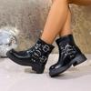 Punk Metal Belt Buckle Decoration Ankle Boots Women 2025 Autumn Medium Heel Slip On Western Booties Bohemia Brown Riding Boots