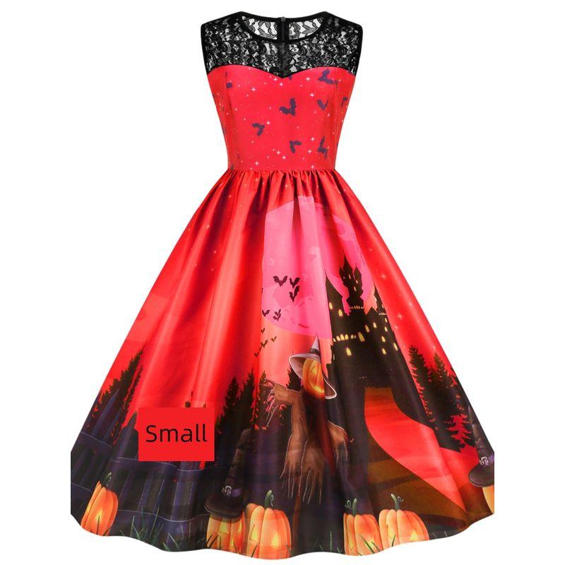 Fashion Halloween round Neck Lace Patchwork Pumpkin Cartoon Print Silm Sleeveless Swing Dress Female Dress