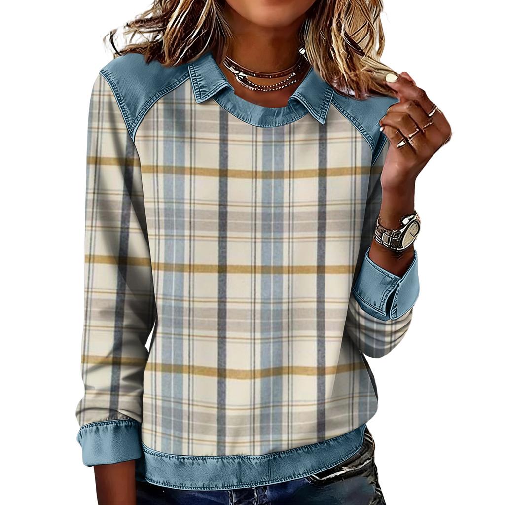 Damenmode Ausgestelltes Langarm Denim Patchwork Sweatshirt Mit Aufdruck Lässiger Pullover Top