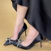 2025 spring and autumn new rhinestone bow thin medium high heel shallow mouth single shoes celebrity temperament sexy niche single shoes