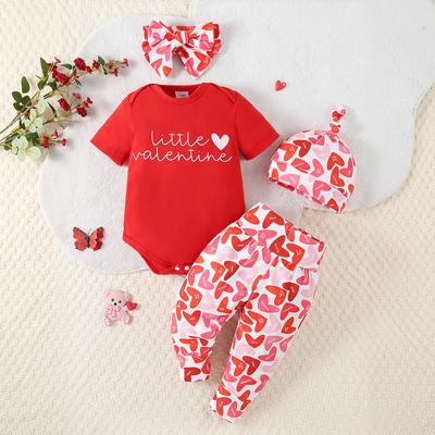 4pcs Baby Girl "Little Valentine" Short Sleeve Bodysuit Heart Print Pants Hat Headband Outfit Set