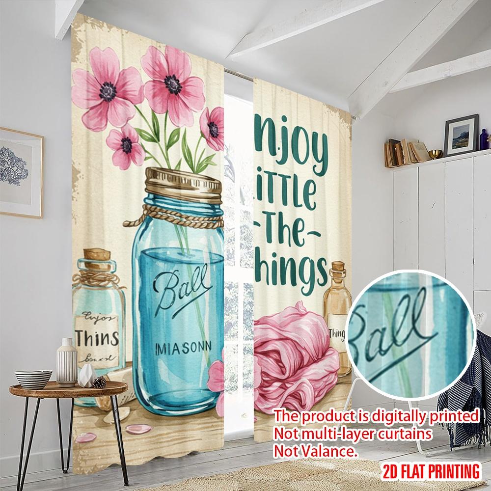 2pcs 2D flat printing Curtain Enjoy Little Things 100% Polyester Without Electricity Festive Wall Decor Perfect for Indoor