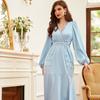 Women's Muslim Dress Light Blue Cross V-neck Hand Beaded Belted Abaya Ramadan Dress