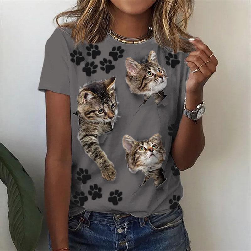 Women's 3D fun cat print T-shirt, casual fashion shorts, Y2K sleeve T-shirt, Harajuku streetwear, T-shirt, women's clothing