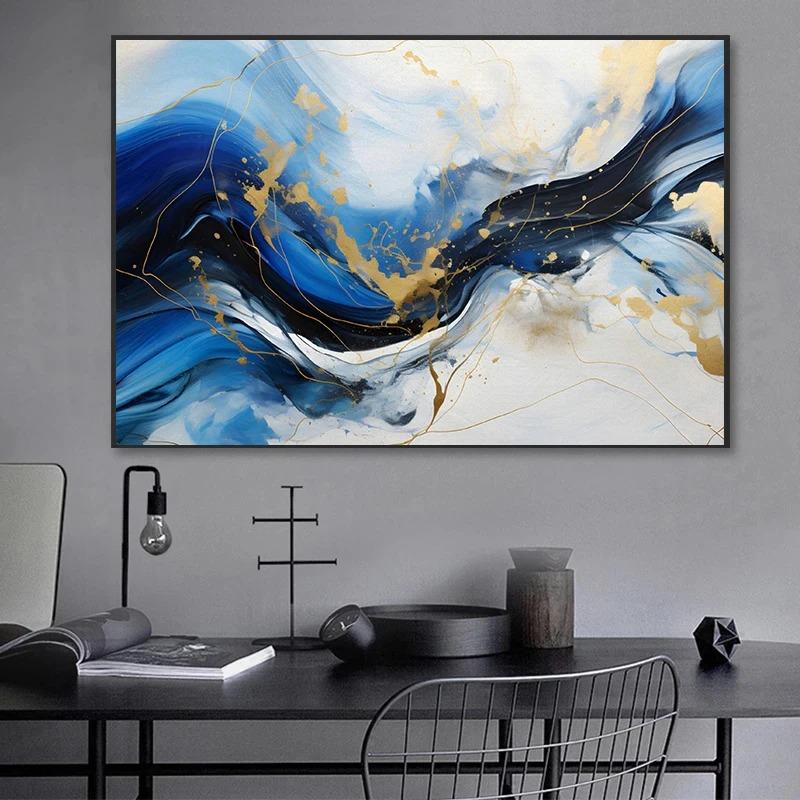 Modern Blue and Gold Abstract Posters Swirling Lines Prints Canvas Oil Painting Wall Art Pictures Home Living Room Decoration