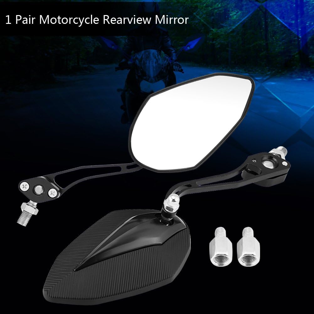 Pair of Motorcycle Mirrors, Black Aluminum Adjustable Stalk, Universal Mount for 8mm or 10mm Handlebar, for Scooters and Bikes
