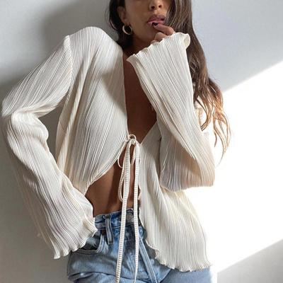 2024 Women Pleated Plain Shirts Spring Fall Chic Long Flare Sleeve V- Neck Tie Up Cardigans Tops for Casual Party Street