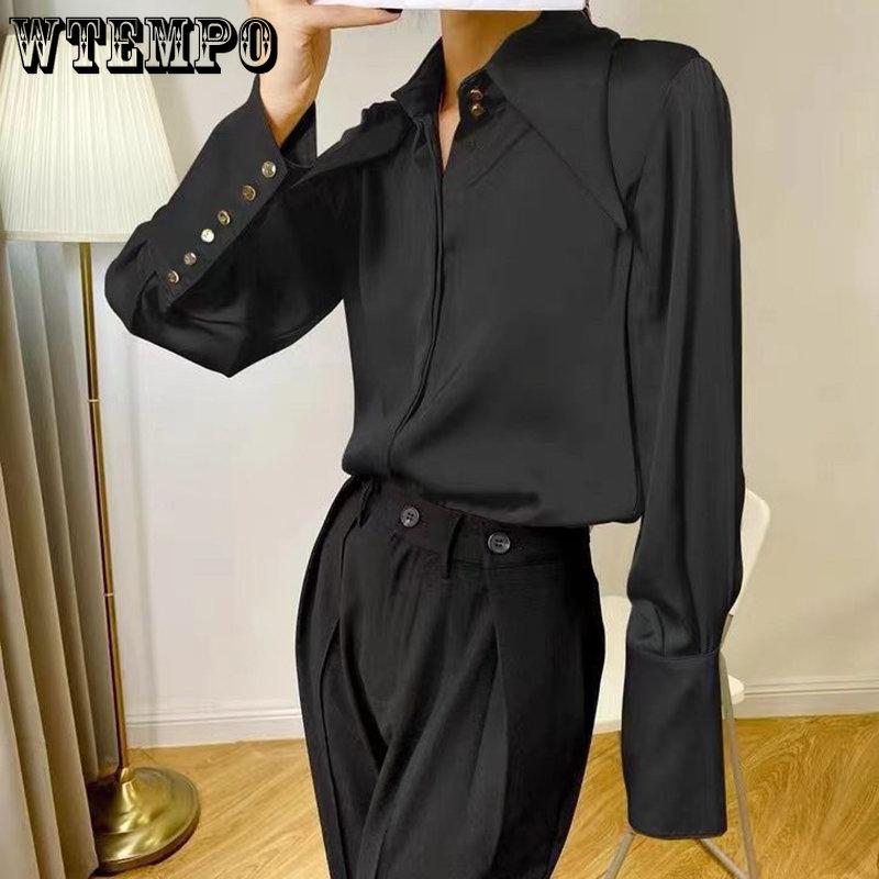 WTEMPO Elegante Umlegekragen Seidenhemden Damen Frühling Vintage Satin Blusen Damen Weiß Langarm Knöpfe Tops