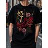 Herren Japanische Oni Maske Grafik T-Shirt, Weiches Baumwoll Kurzarmshirt Mit Rotes Dämonen Kopf Und Blumendruck, Streetwear Für Den Täglichen Gebrauch
