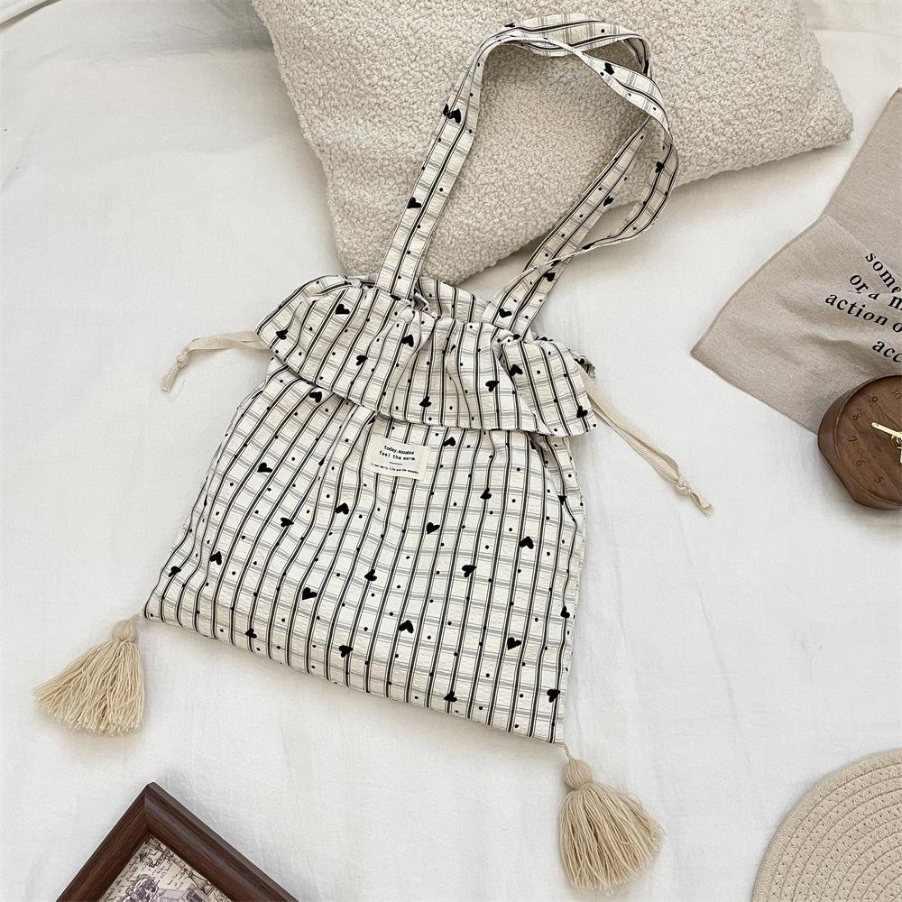 9 Autumn Wind Sweet Plaid Tote Bag Casual Canvas Bag High Value Love Lazy Shoulder Bag