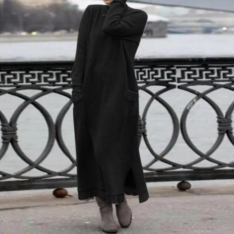 QICED Fashion Autumn Winter O-Neck Long Sleeve Solid Color Print Casual Dresses