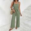 Jumpsuit for Womens Sleeveless Square Neck Belted Wide Leg Jumper Casual One Piece Vacation Outfit