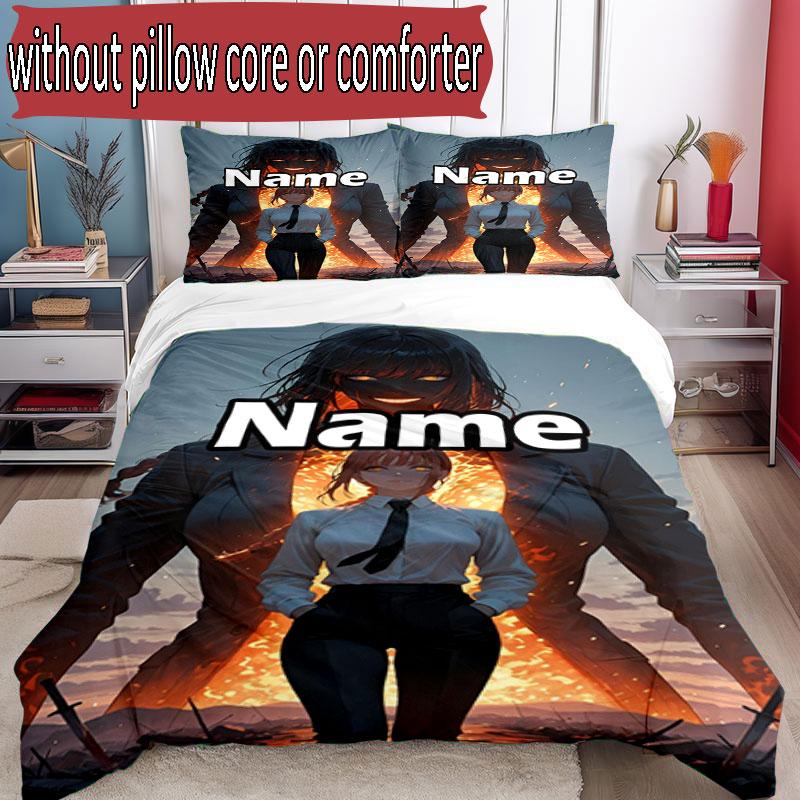 3pcs Duvet Cover Set (1*Duvet Cover + 2*Pillowcase, Without Core), Custom Name Makima Chainsaw Man Pattern Bedding Set, Home Bedroom Decor Gift