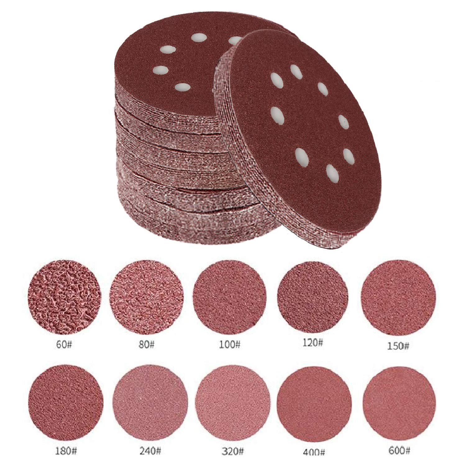 

Toowood 100Pcs 125mm 8 Hole Round Dustless Hook Loop Sandwich Disc Sandpaper 60 to 600 Grit &