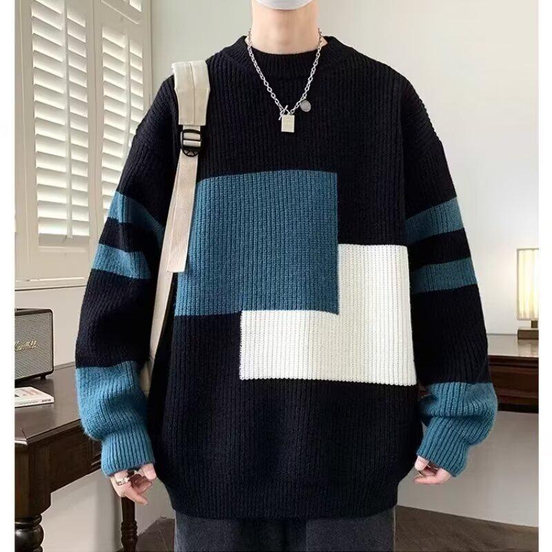 Ανδρικό Μοντέρνο Φθινοπωρινό/Χειμερινό Πλεκτό Πουλόβερ Χαλαρής Γραμμής με Χρωματικές Ενότητες