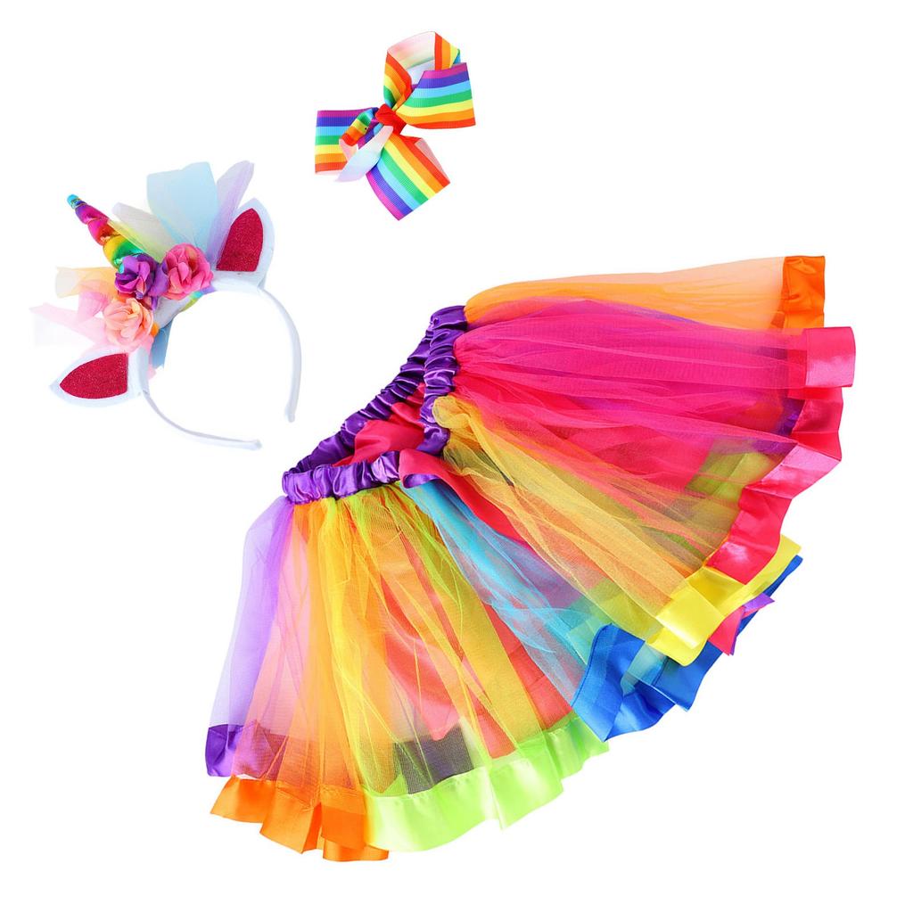 Children Colorful Skirt Cute Cartoon Costume Set Girl Ballet Skirt with Hair Clip Headband Colorful Free Size