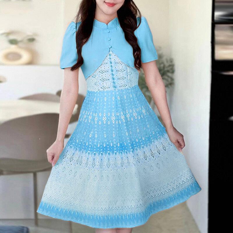 

ZANZEA Women Elegant Casual Print Patchwork Summer Short Sleeve Dress 3XL синий