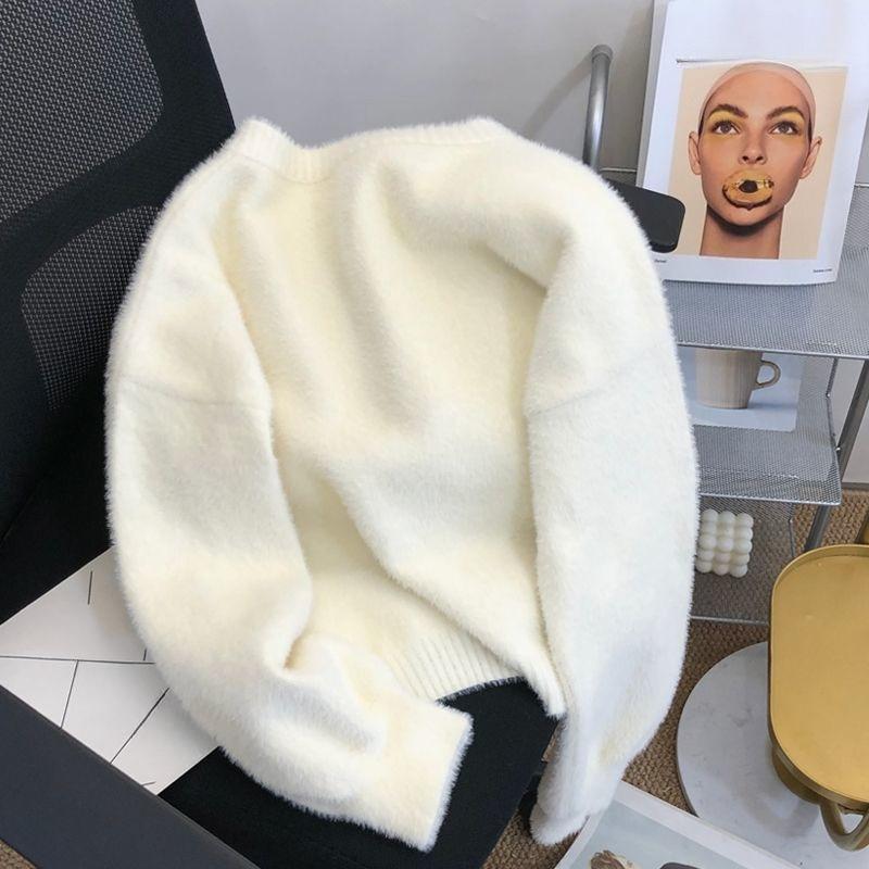 Cardigan de damă din lână de nurcă pentru primăvară-toamnă, pulover casual de culoare uni, jachetă tricotată plușată