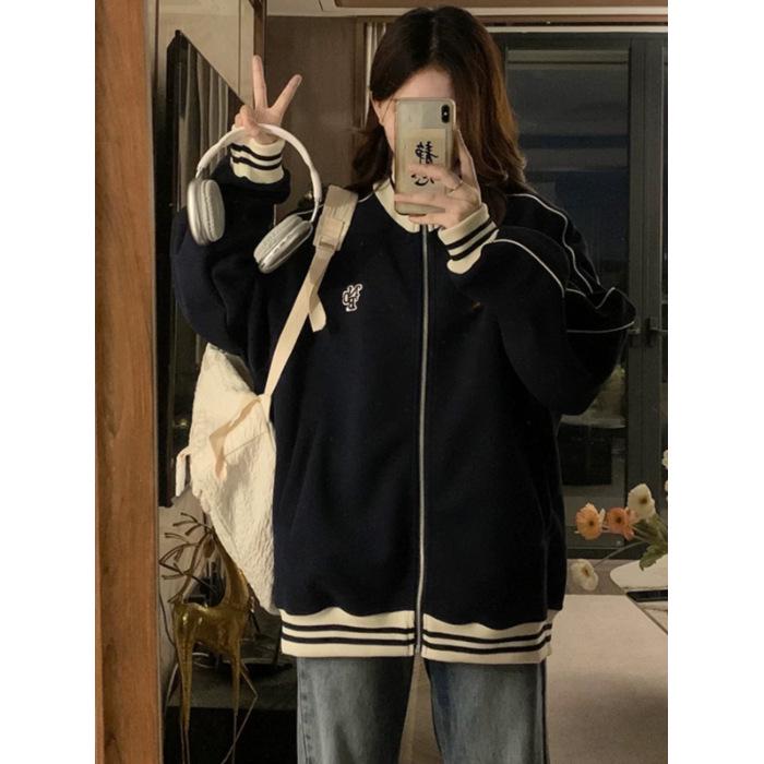 Women's Spring/Autumn Baseball-Style Stand-up Collar Jacket - Casual, Loose College Style Cardigan for Couples.