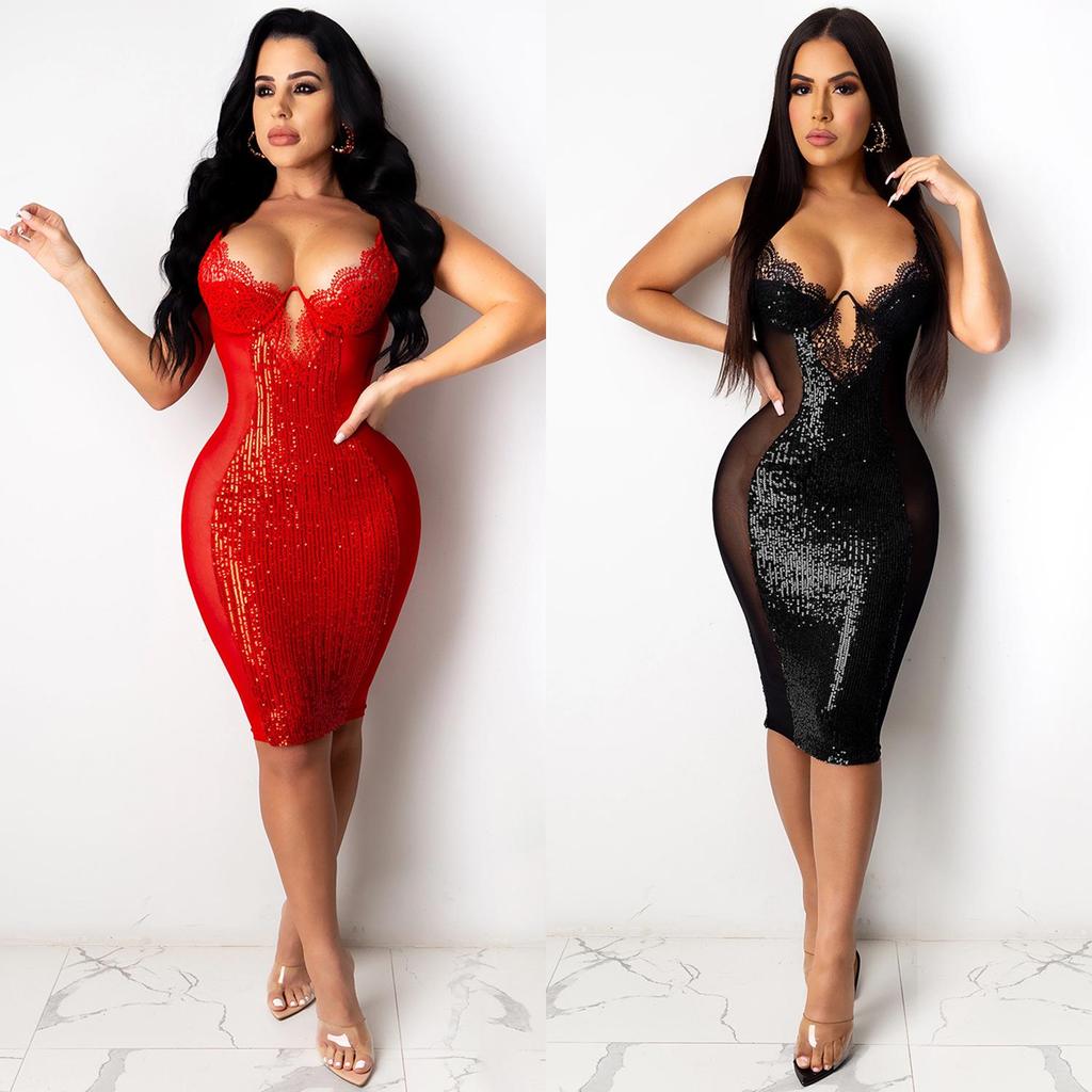 Damen Spaghettiträgerkleid mit Spitze und Pailletten für Herbst und Winter - Europäischer Nachtclub-Stil