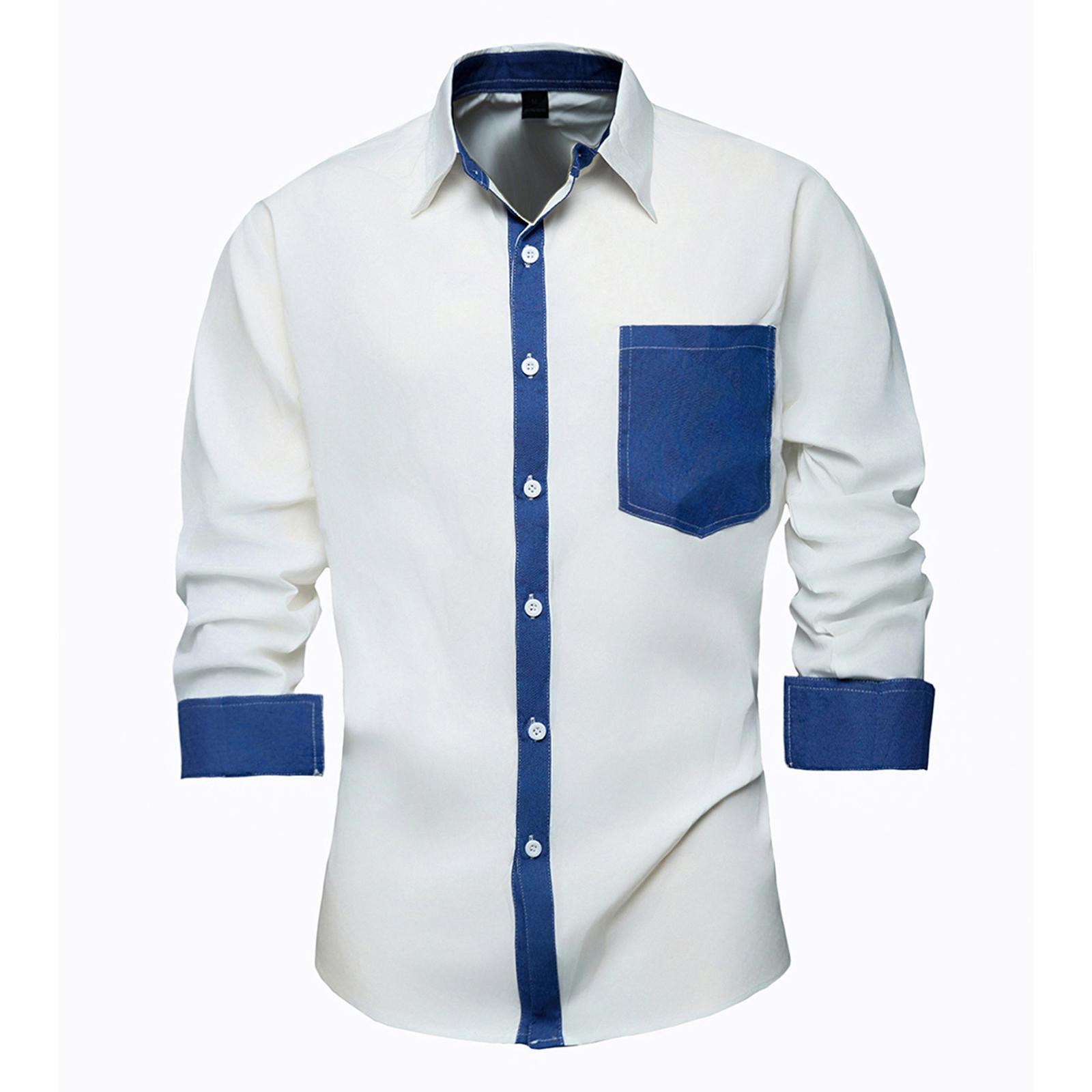 

Мужская повседневная комфортная рубашка в стиле ретро, цветной блок, деним, карман, пуговицы, лацкан XL белый
