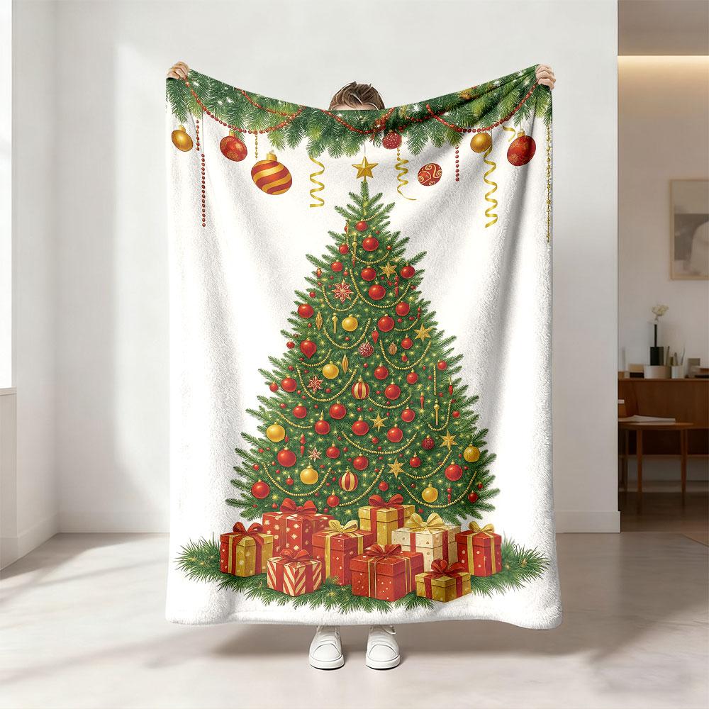 1pcs 230g Flannel Blanket with Christmas Decoration Tree and Gift Scene Illustration, Soft and Comfortable