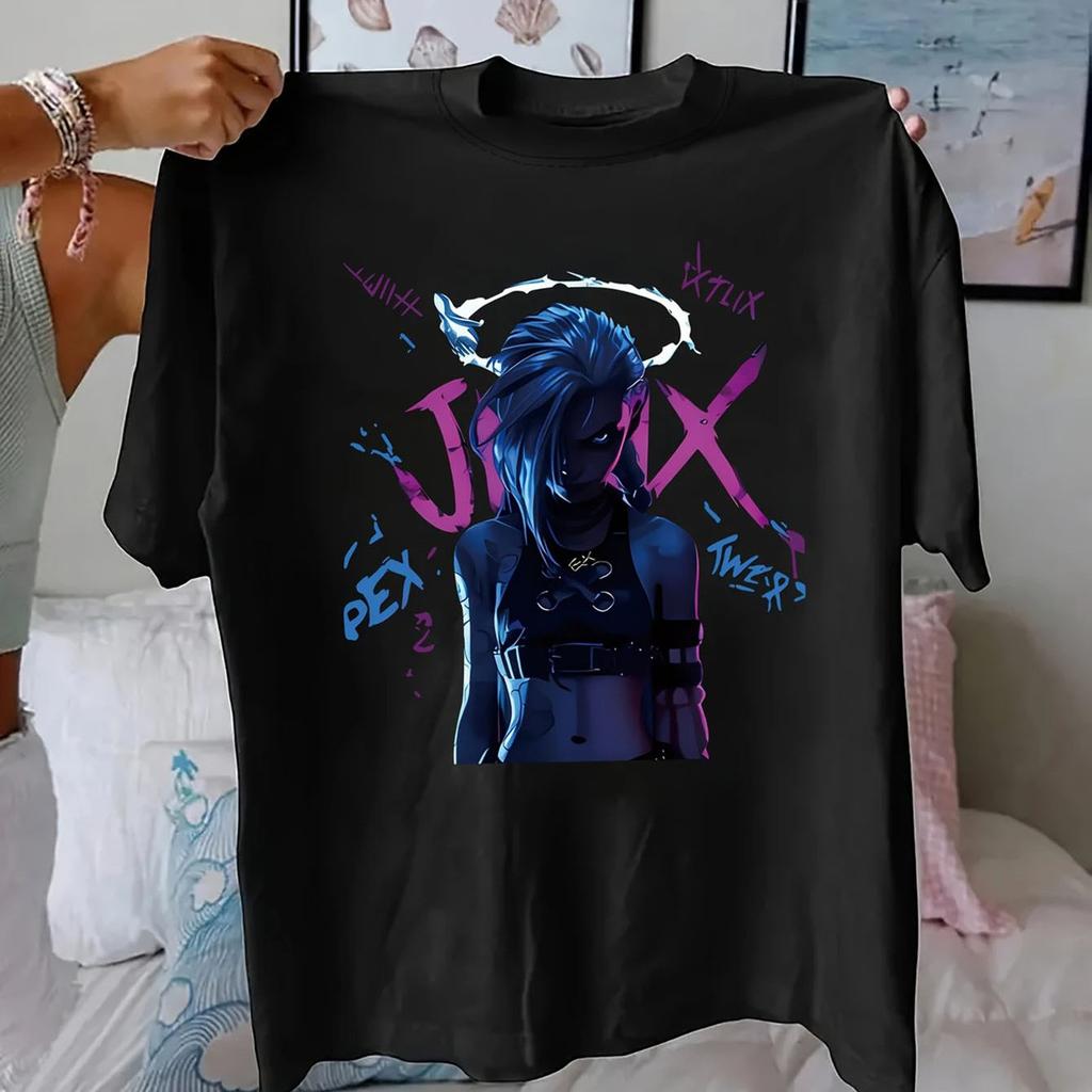 Jinx Character TShirt Cartoon Style with Neon Colors Suitable for Anime and Game Fans Holiday Gift Fashion Casual Versatile