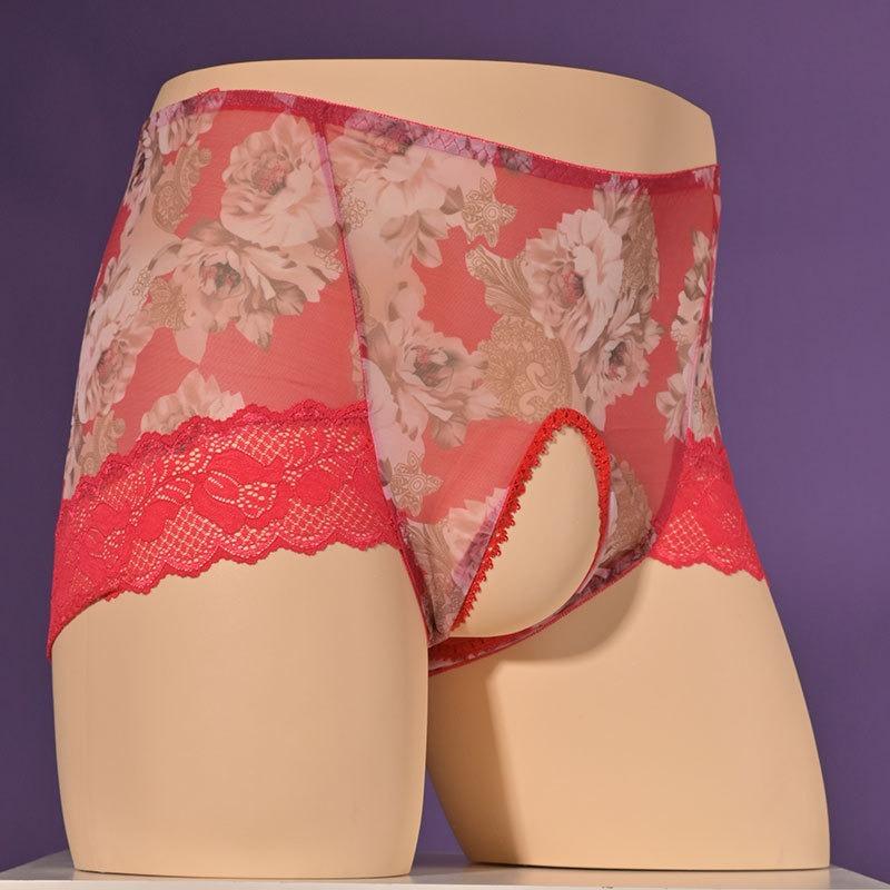 Women Men'S Sissy Hollow Out Crotch Briefs See Through Crossdress Lingerie Girlie Panties Floral Seamless High Waist Underwear