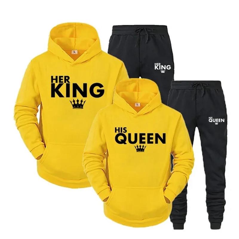 Lover Her QUEEN or His KING Printed Tracksuits Couple Hoodies Outfit Suits Casual Hooded Sweatshirt + Sweatpants Two Piece Set Sport Wear Men’s