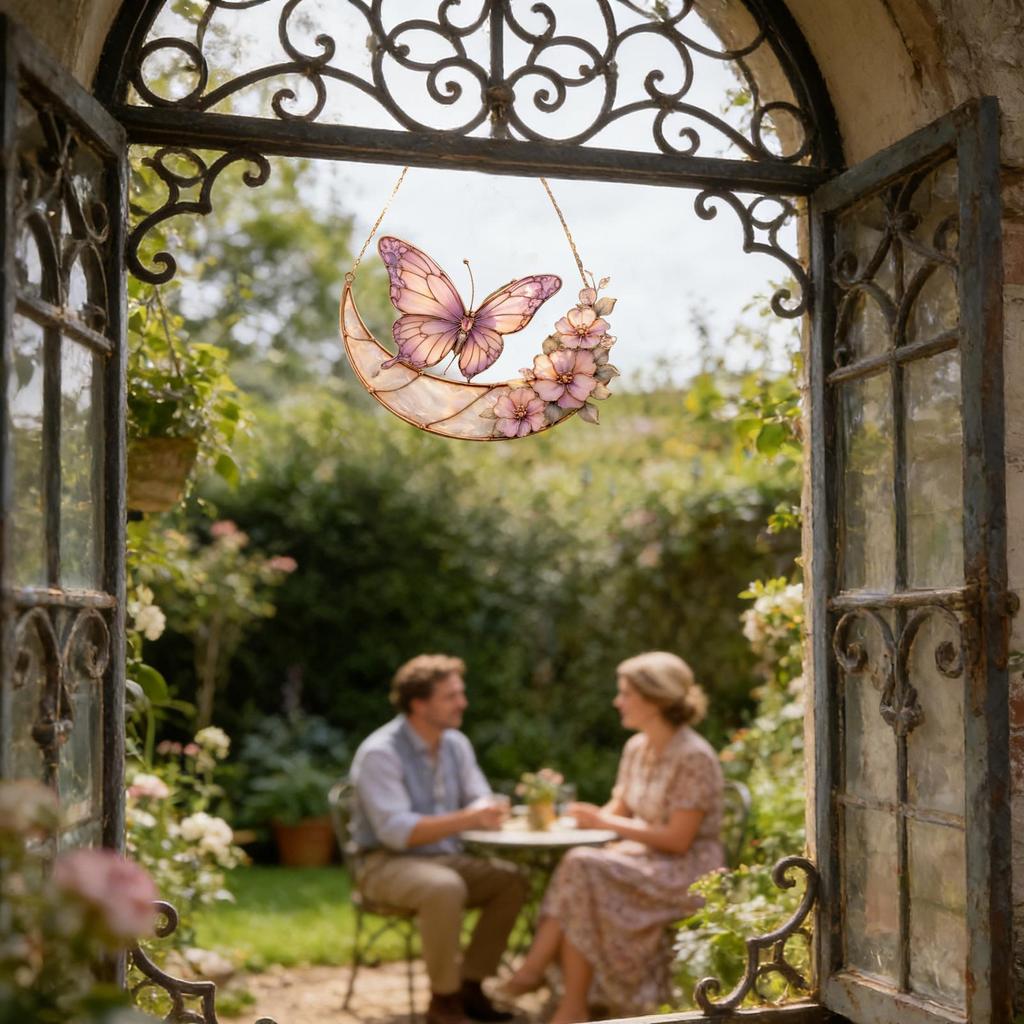 Butterfly Ornaments 2D Stained Decorative Home Decor Moon Light Catcher Window Hanger For Backyard Patio Balcony Tree Window