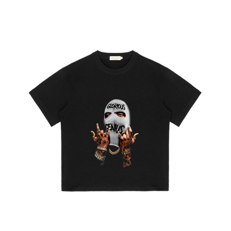 Black T Shirt with Glorious Genius Balaclava and Tattooed Hands Print Streetwear Fashion Casual Wear