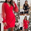 Women's Fashion Autumn Winter Solid Color Print Long Sleeve V-Neck Casual Dresses