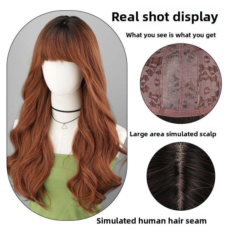 New High-temperature Wire Machine-made Wig Full-head Womens Air Bangs Long Curly Hair Water-wave Curls Internet-celebrity