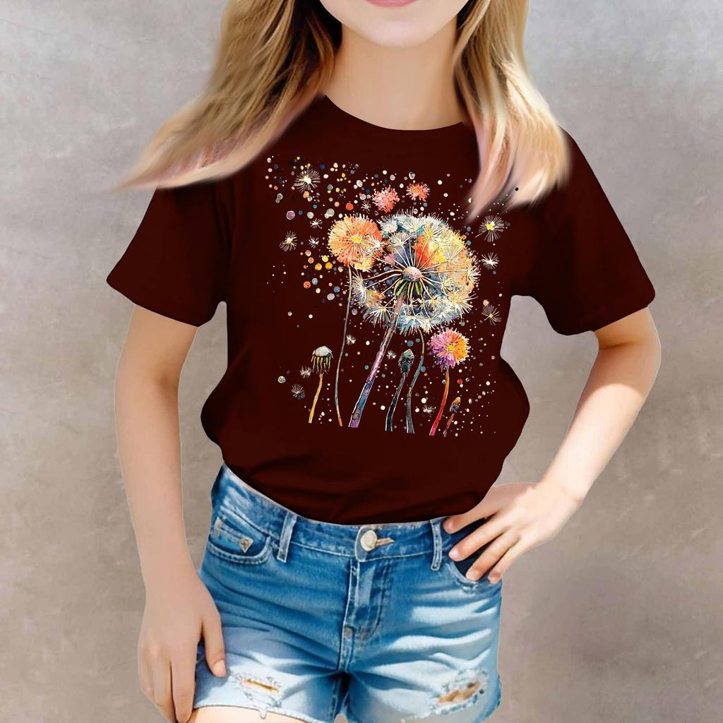 Girls Round Neck Casual Printed Short-sleeved T-shirt Top