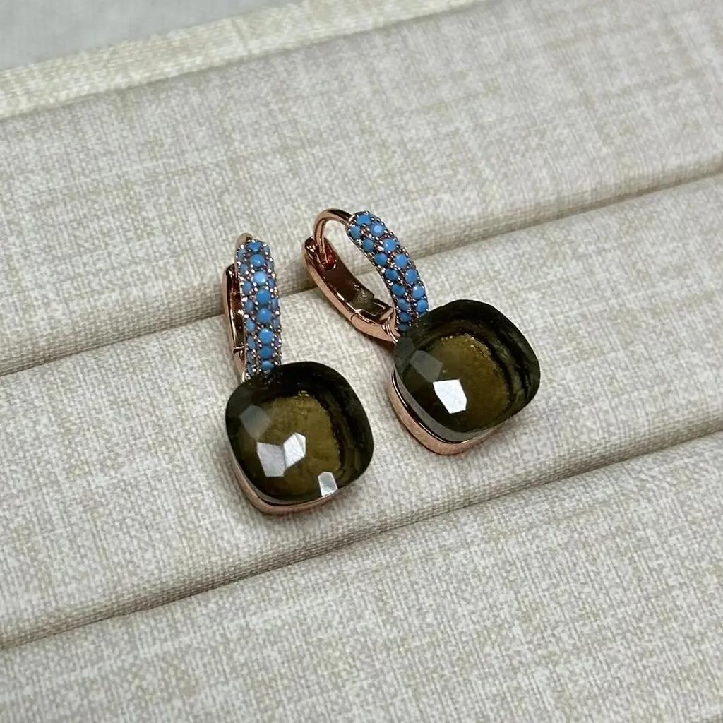 Boucles d'oreilles Nudo 10,6 mm Incrustées de Turquoise Zircon Pour Femmes Topaze Bleue Pendantes Carrées en Cristal Boucle d'oreille Bijoux de Mode Cadeau