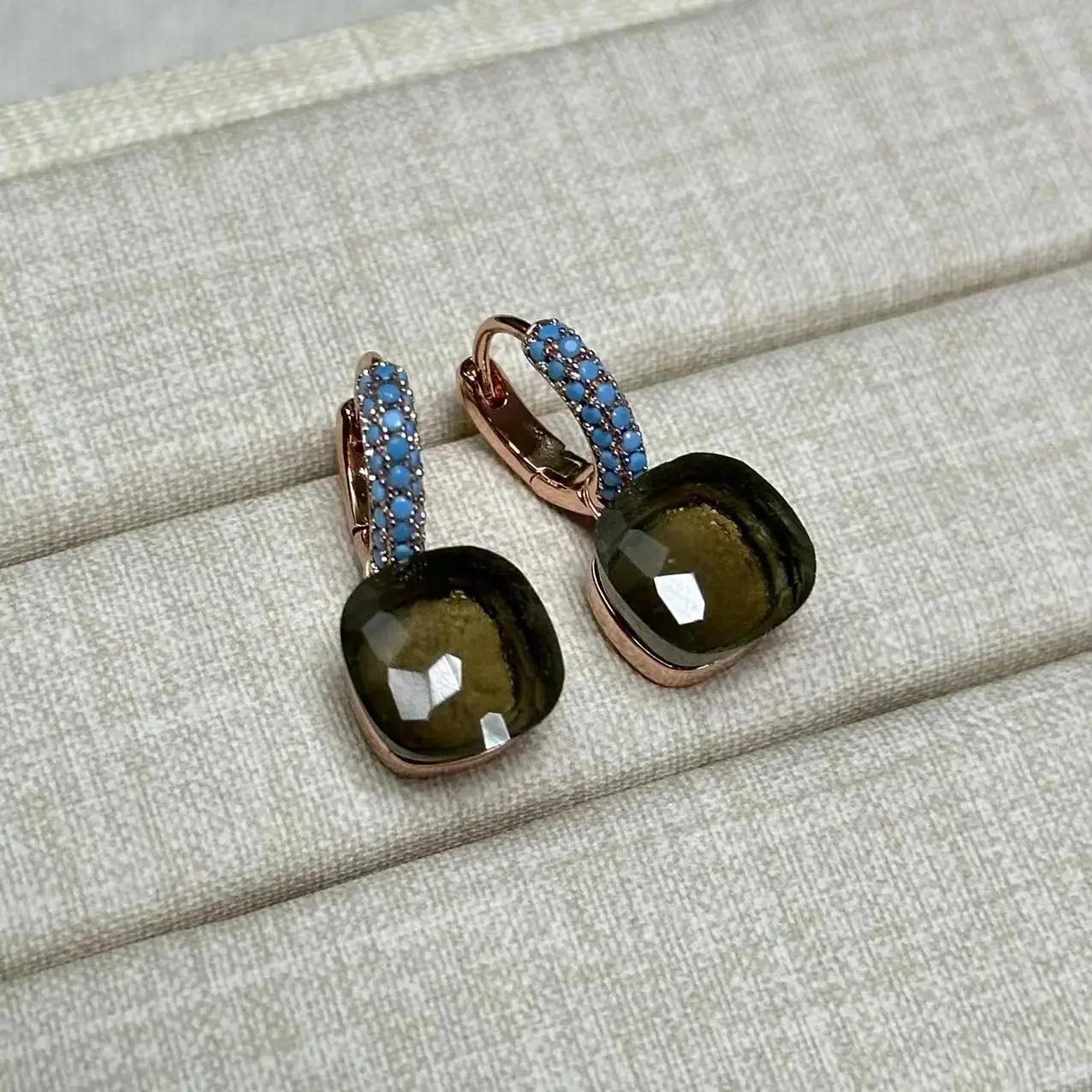 

10.6mm Nudo Earrings Inlay Turquoise Zircon For Women Blue Topaz Drop Candy Square Crystal Earring Fashion Jewelry Gift Rose Red