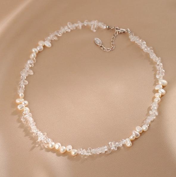 Натуральный жемчуг барокко Ожерелье Уникальный дизайн Сращивание Белый хрусталь Бусины Цепочка на шею Неправильные бусины Ключица Цепочка