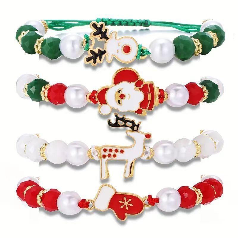 Christmas Polymer Clay Pearl Bead Fashion Bracelet Set with Santa and Reindeer Pendant Matching Bracelets