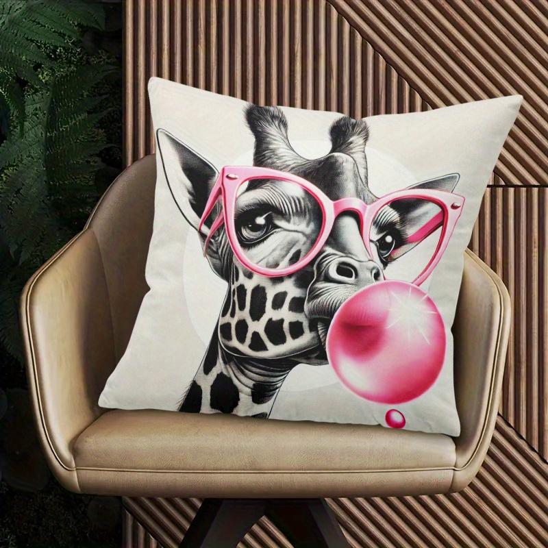 1Pc Giraffe Blowing Bubble Gum Printed Throw Pillow Cover, Suitable For Sofa,Bedroom,Living Room, Easily Create A Fun Atmosphere